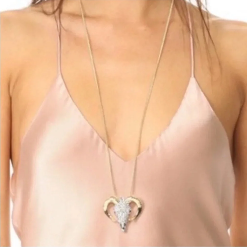 ALEXIS BITTAR Silver Gold Western Crystal Ram Head Skull Horn Necklace